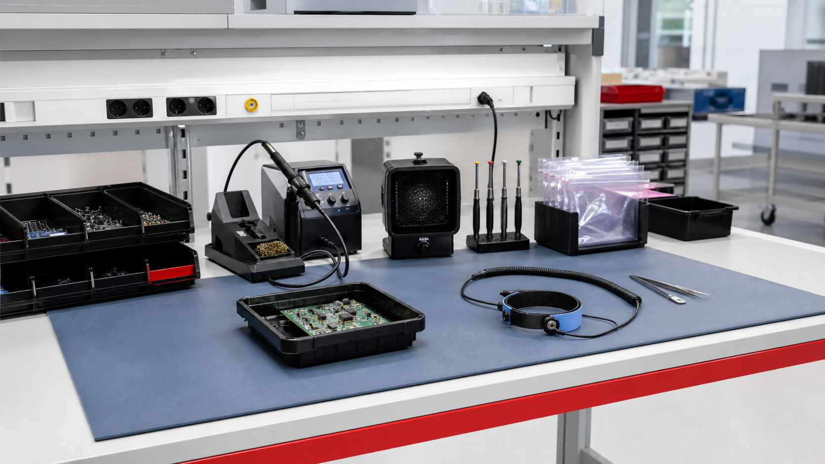 Realistische ESD-veilige werkplek met dissipatieve mat, polsband, printplaat, soldeerstation en ESD-verpakking