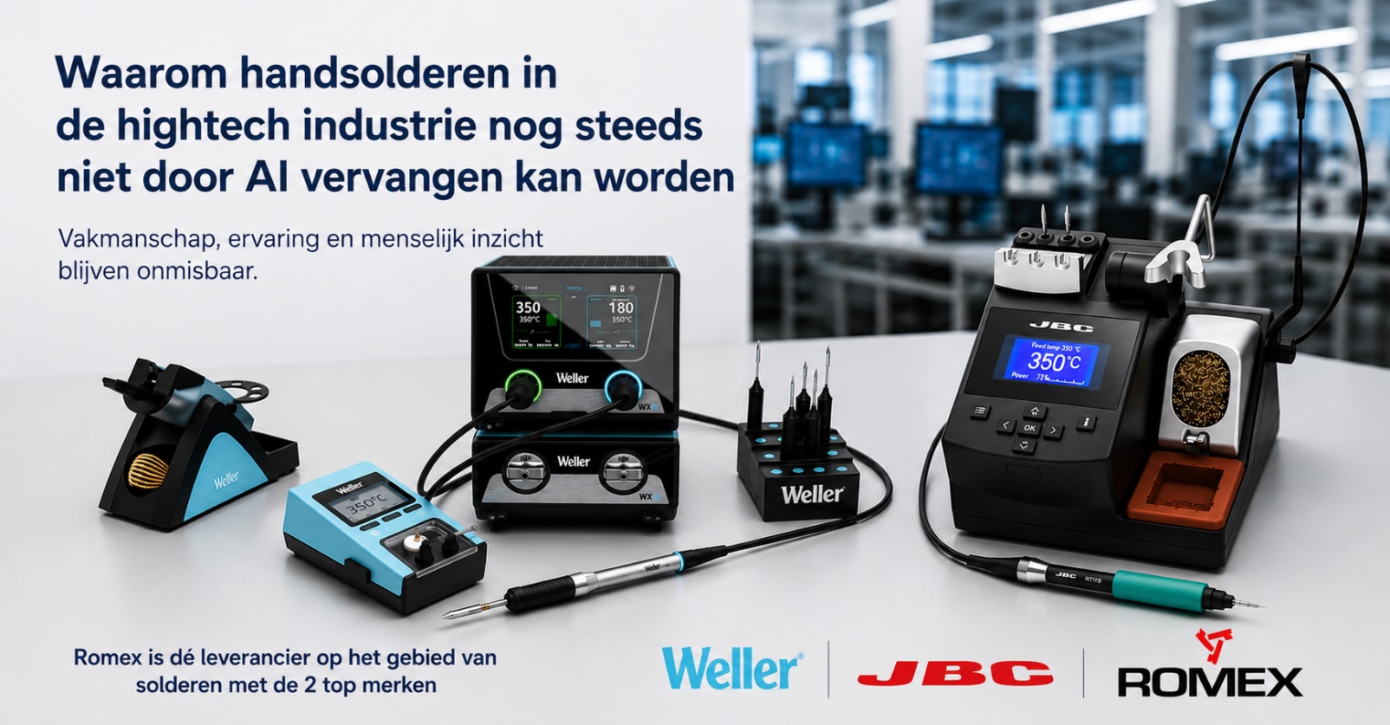 Romex-banner met Weller- en JBC-soldeerapparatuur voor precisiesolderen